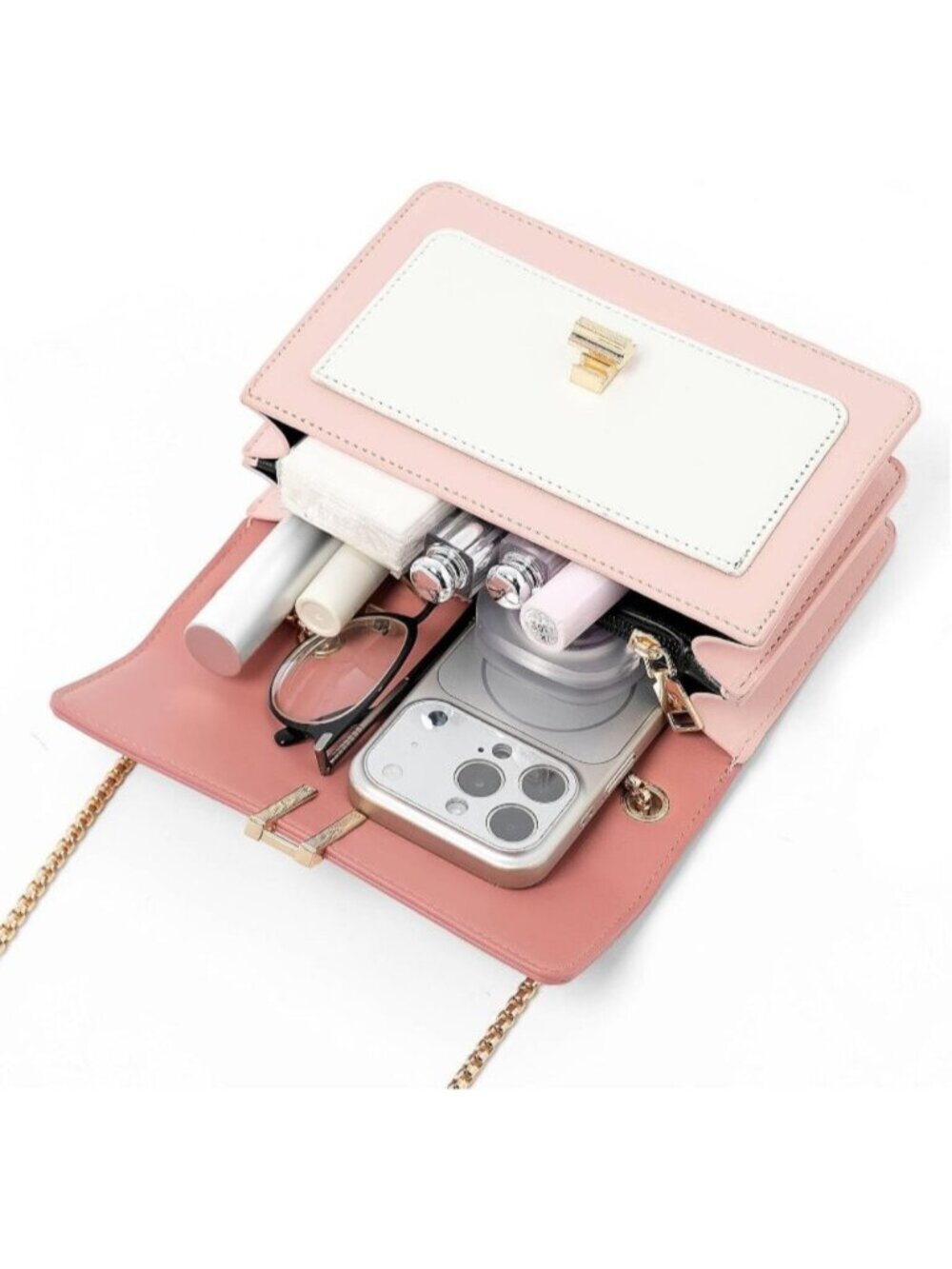 〽️Women's Dark Pink Color Block Chain Strap Crossbody Leather Purse Shoulder Bag - Picture 6 of 6